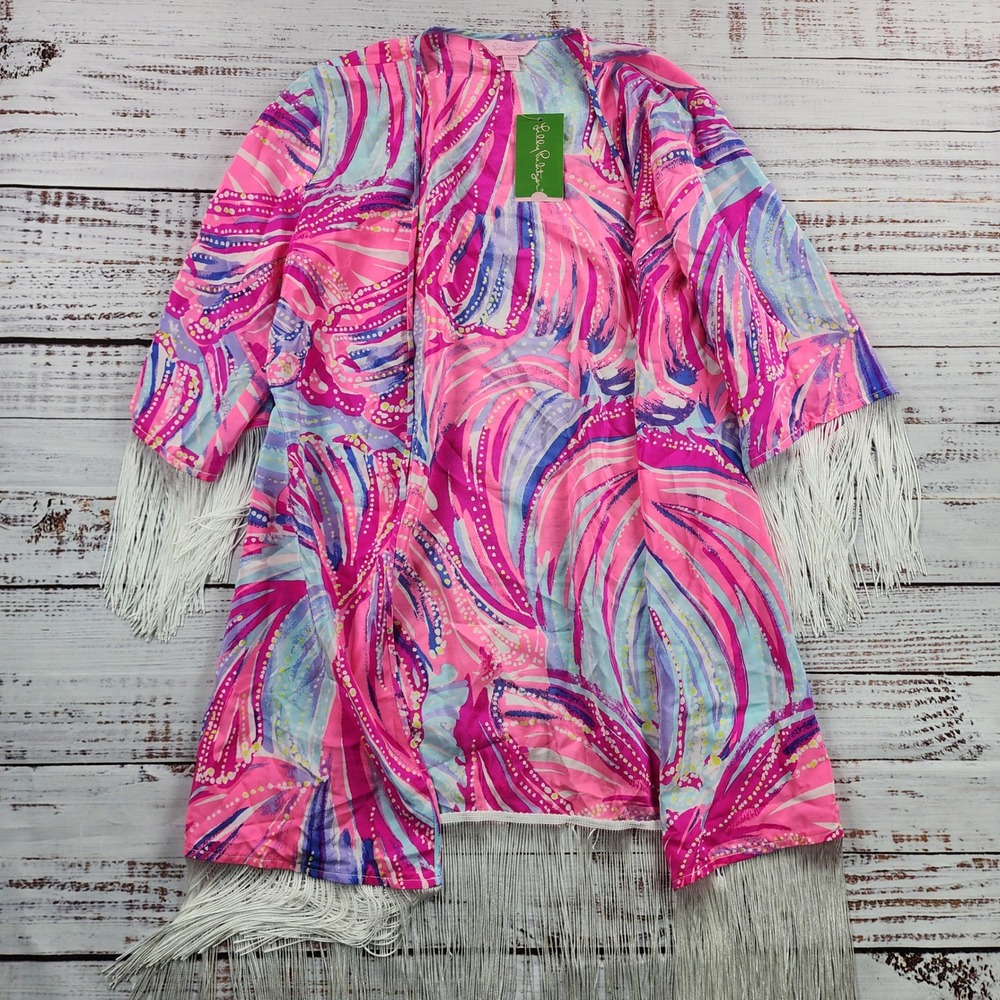 Lilly Pulitzer Noelle Kimono Women's XXS/XS Oh My Guava Fringe Cardigan NWT